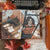 An open illustrated notebook or journal laid on a fabric surface with autumn leaves, pinecones, and a typewriter around it. The artwork shows two women in an indoor scene with warm orange, brown, black, and white tones. image